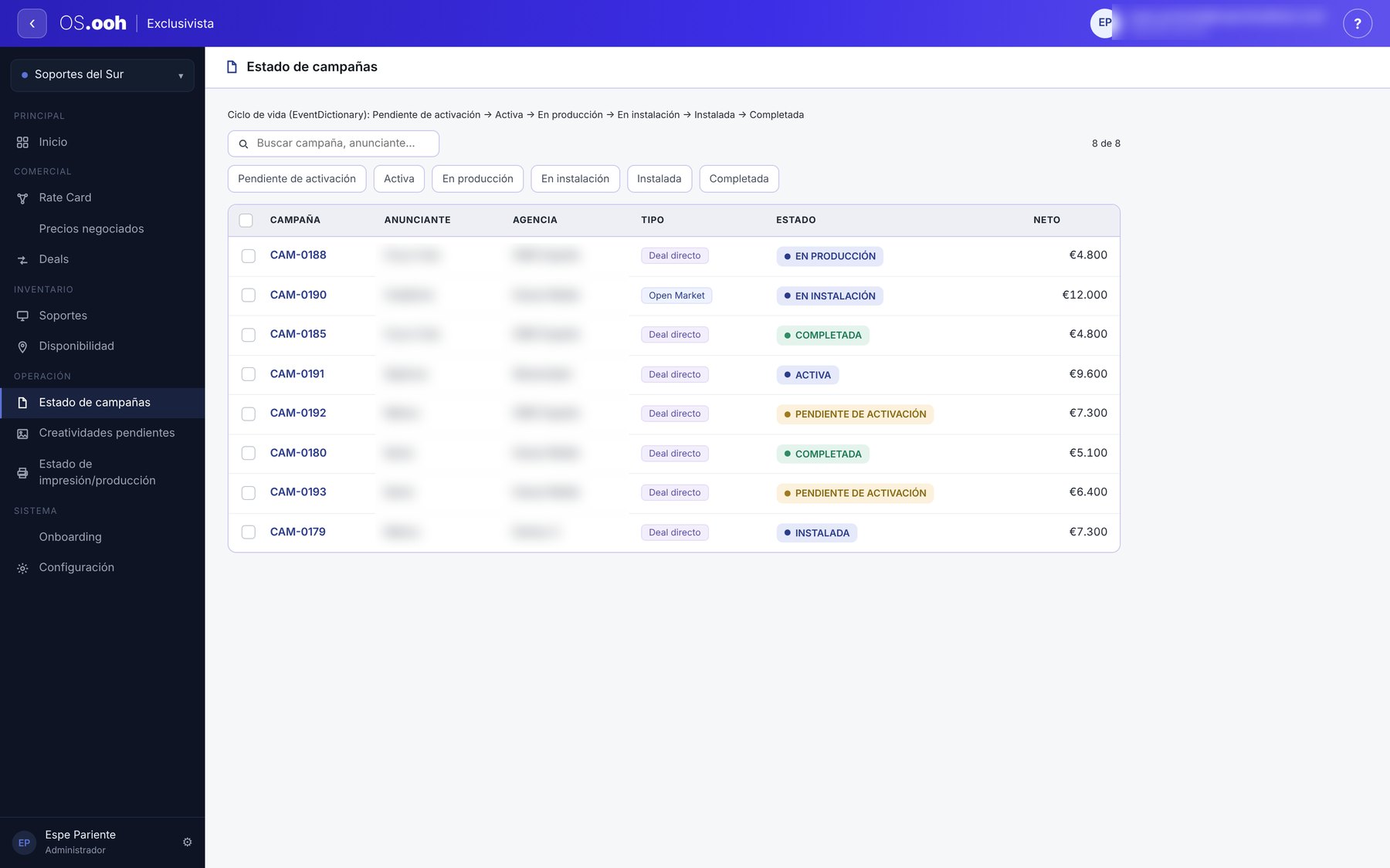 Campaign status in the OS.ooh media owner portal